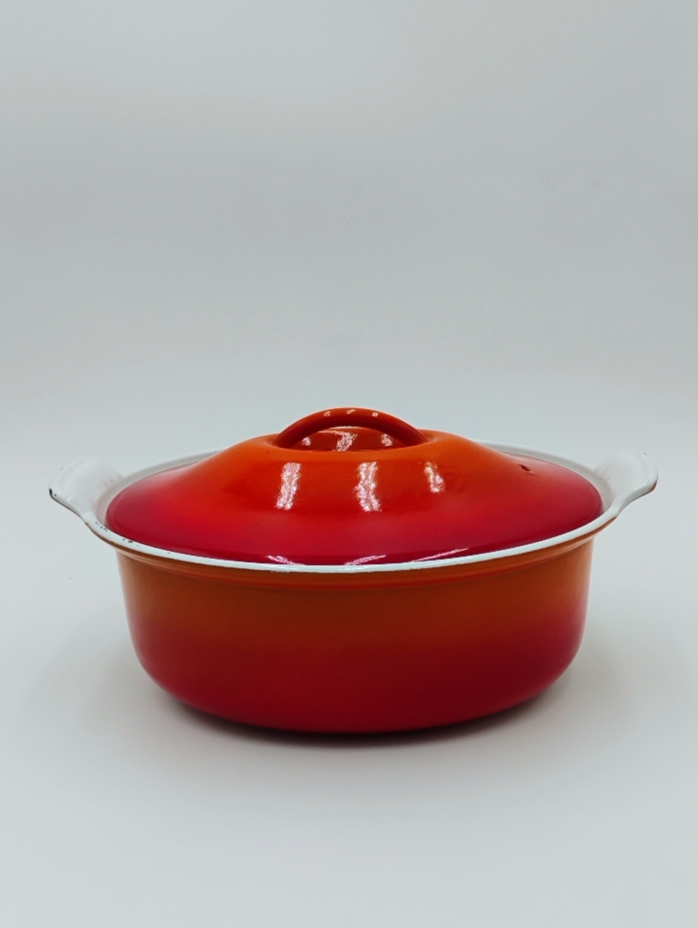 Rare 1950s 1960s Le Creuset Enameled Cast Iron Loop Handle Flame Red Orange Oval